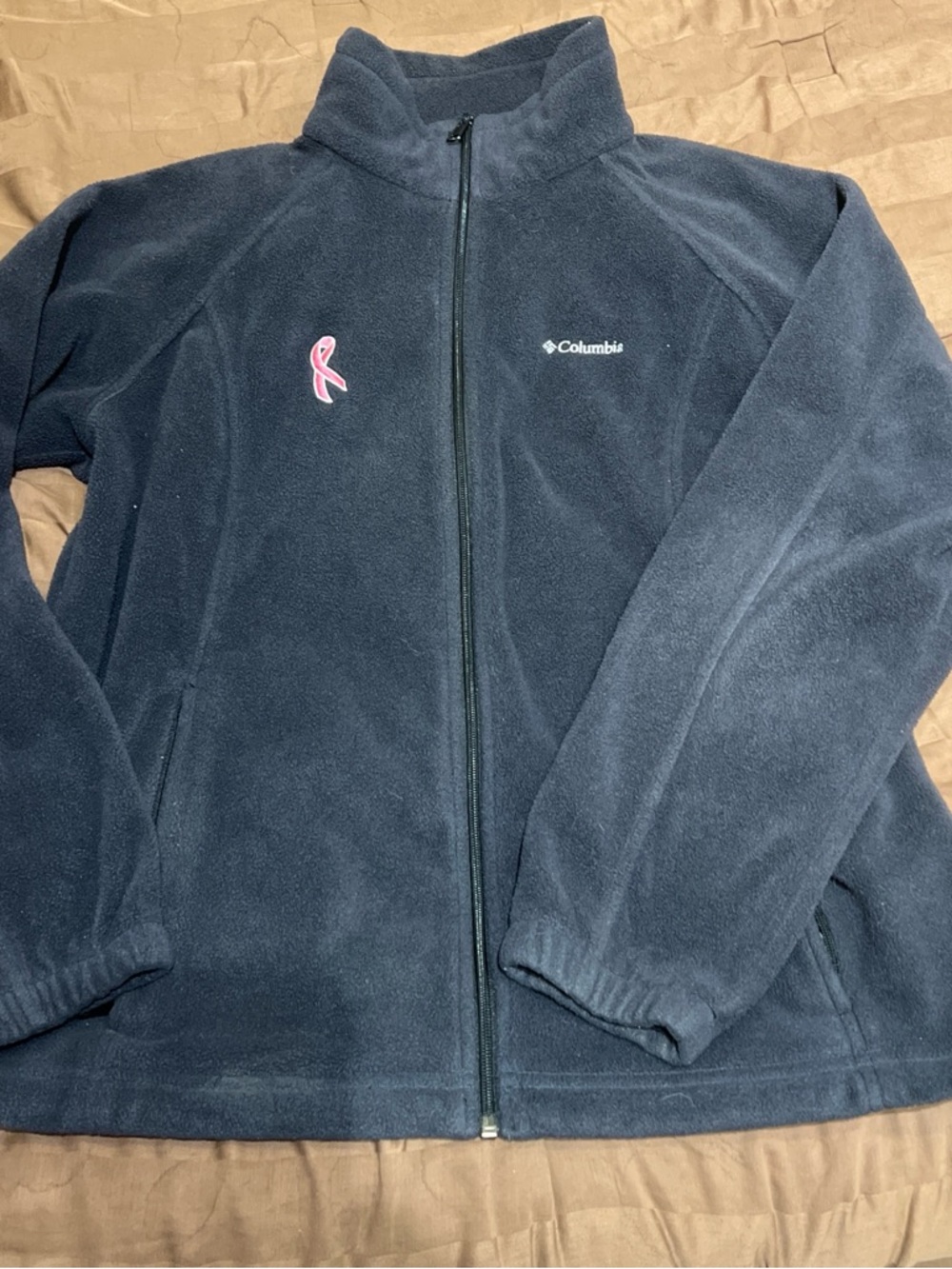 Columbia black Fleece Jacket with Light Pink Cancer Ribbon Label